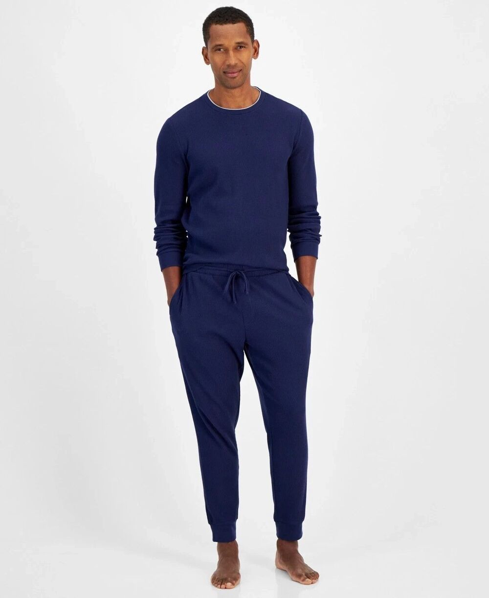 CLUB ROOM Sleepwear Mens Small Blue Thermal Waffle Jogger Pajama Set Lounge PJs